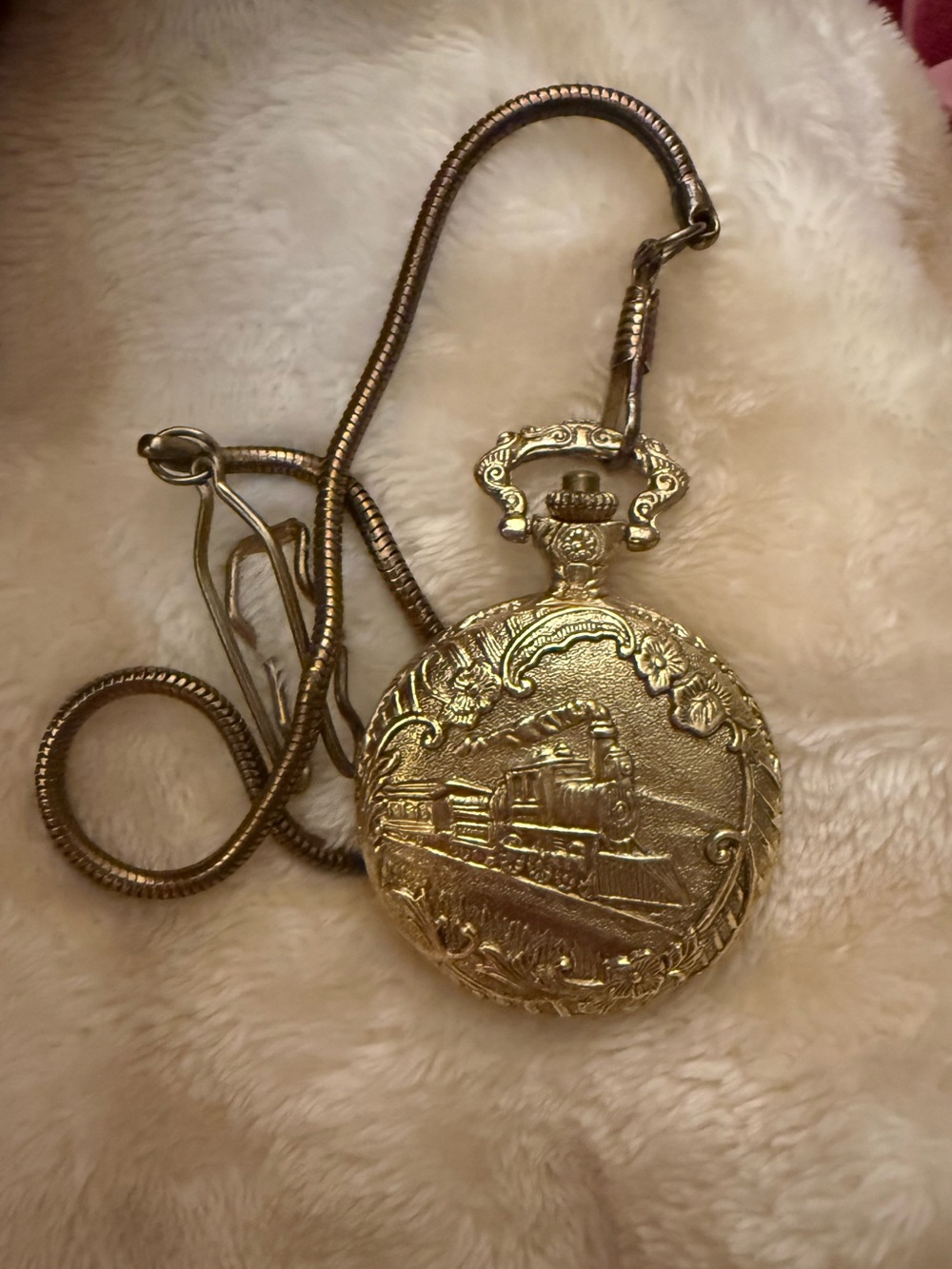 Source Unknown Gold-Tone Train Engraved Pocket Watch with Chain